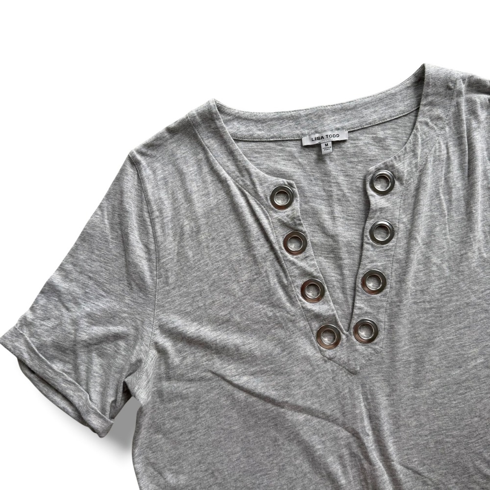 Lisa Todd Women M Gray Cotton Grommet Split Neck Short Sleeve T-Shirt Dress Chic